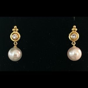Vintage Temple St. Clair 18K Yellow Gold Diamond And Pearl Drop Earrings